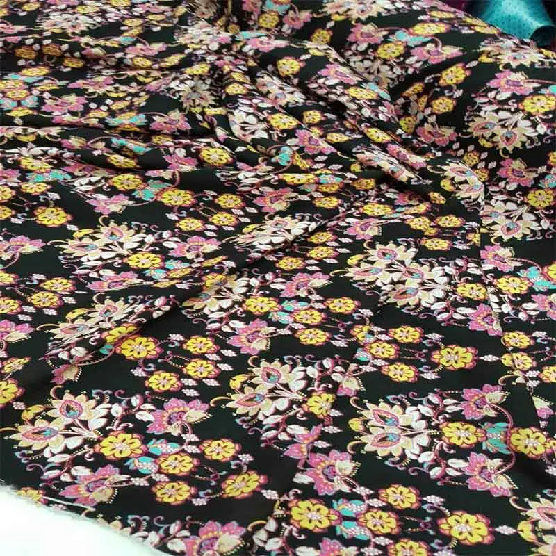 100% Rayon Challis Chinese Inspired Print With Flowers Bouquets 58-60" Wide Fabric