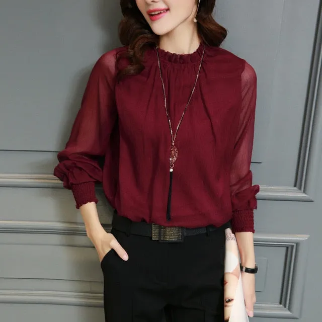 2021 Chiffon New Women Tops Long Sleeve Sizes L -2XL