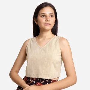 Beige Yarn Dyed 100% Cotton V-Neck Crop Top