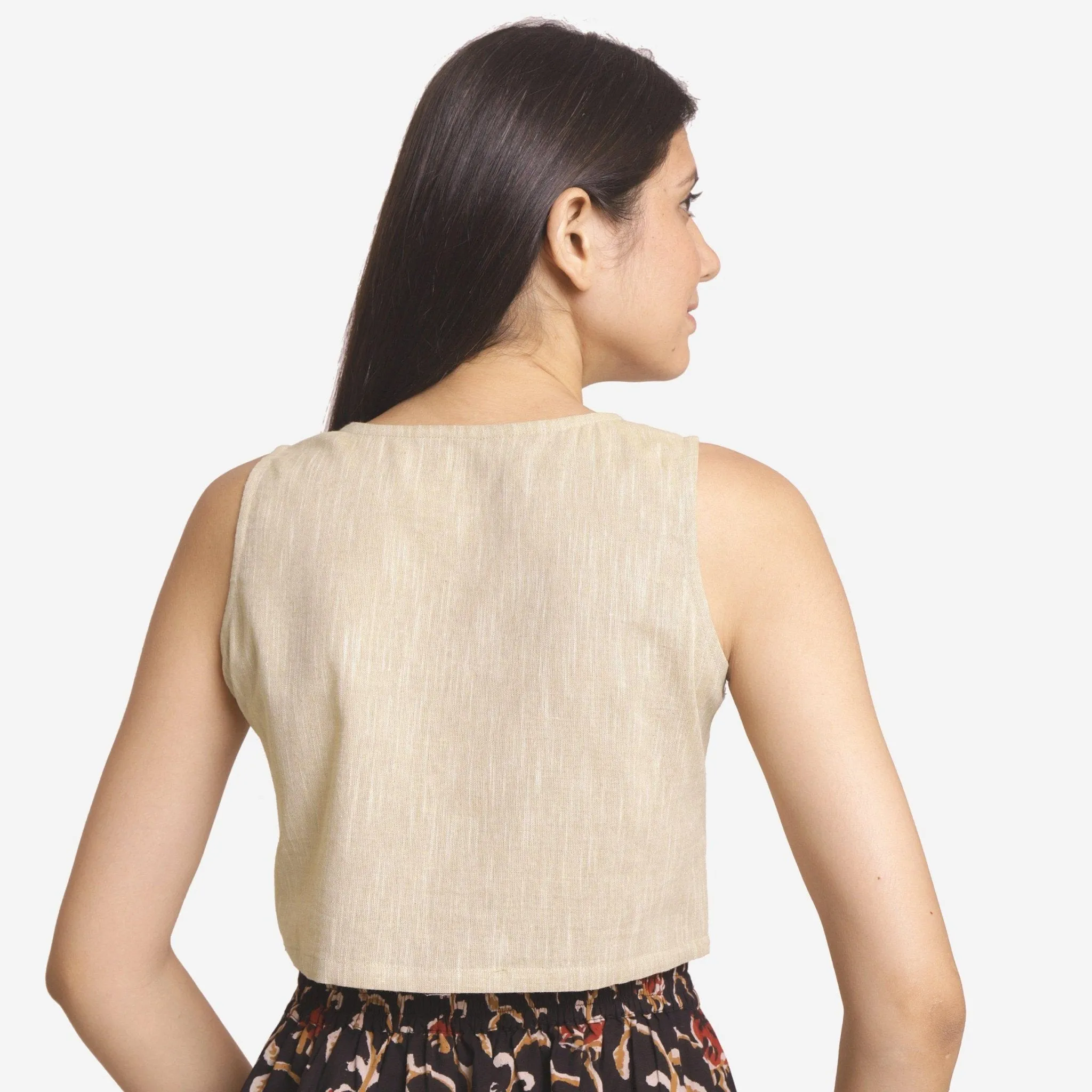 Beige Yarn Dyed 100% Cotton V-Neck Crop Top