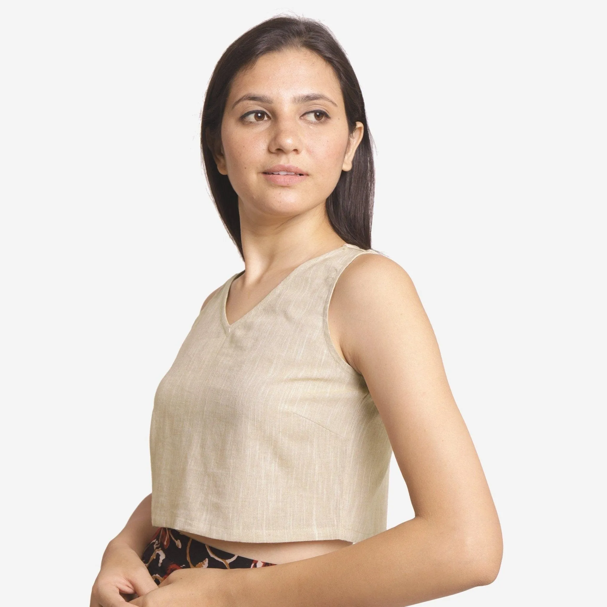 Beige Yarn Dyed 100% Cotton V-Neck Crop Top