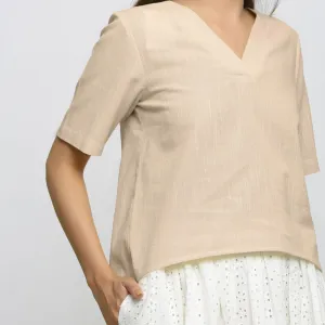 Beige Yarn Dyed 100% Cotton V-Neck High-Low Top