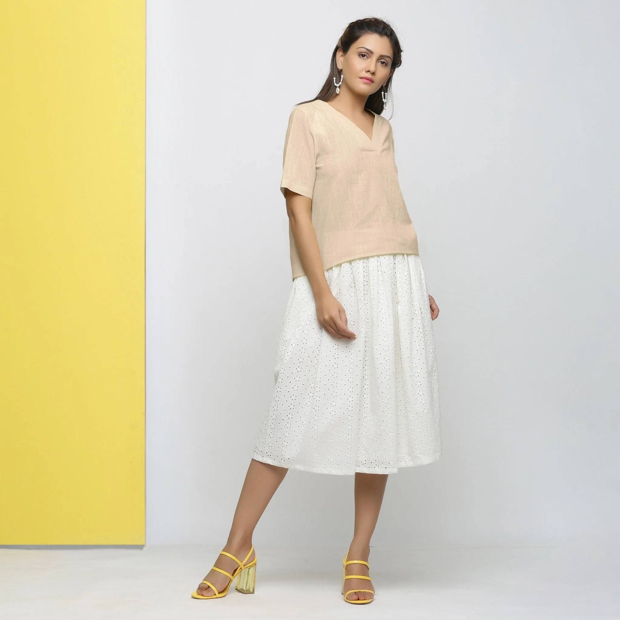Beige Yarn Dyed 100% Cotton V-Neck High-Low Top