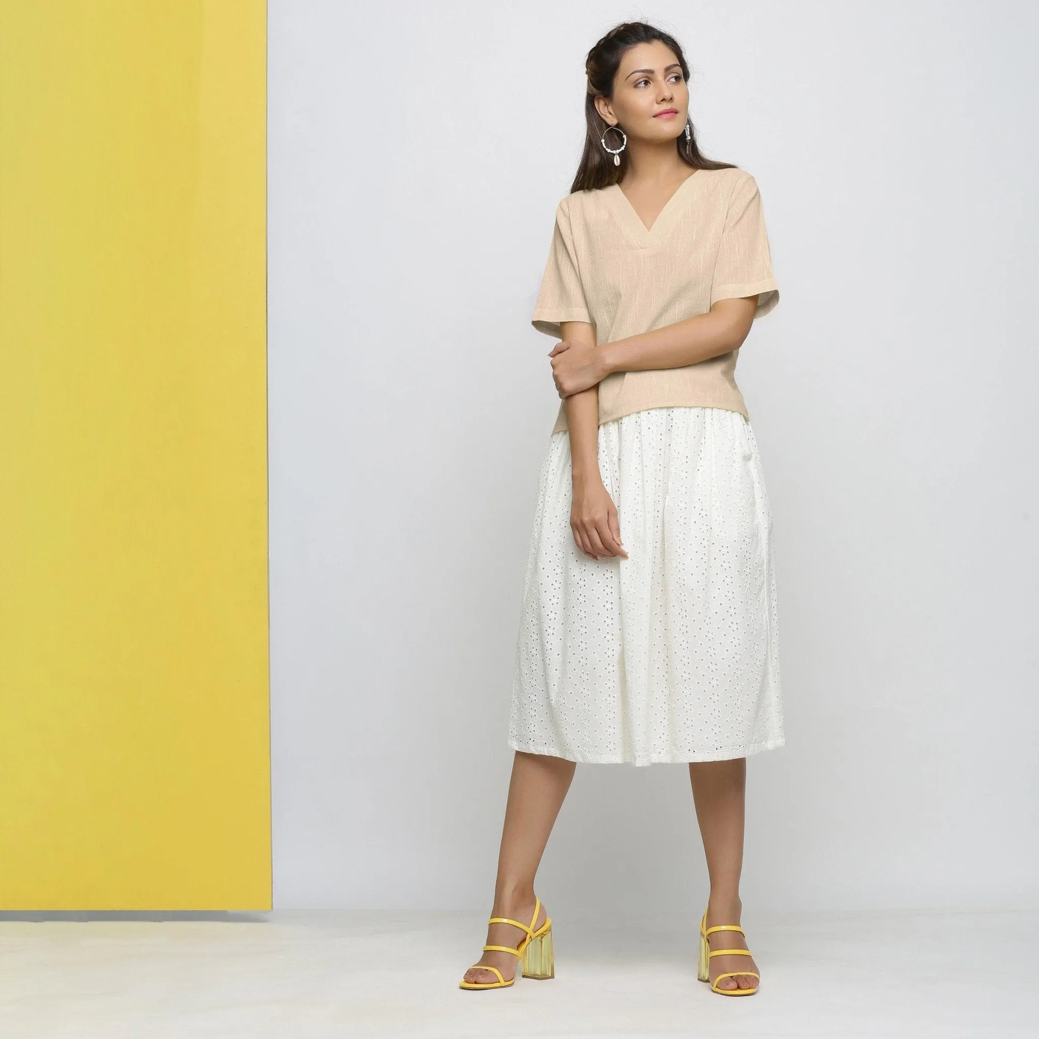 Beige Yarn Dyed 100% Cotton V-Neck High-Low Top