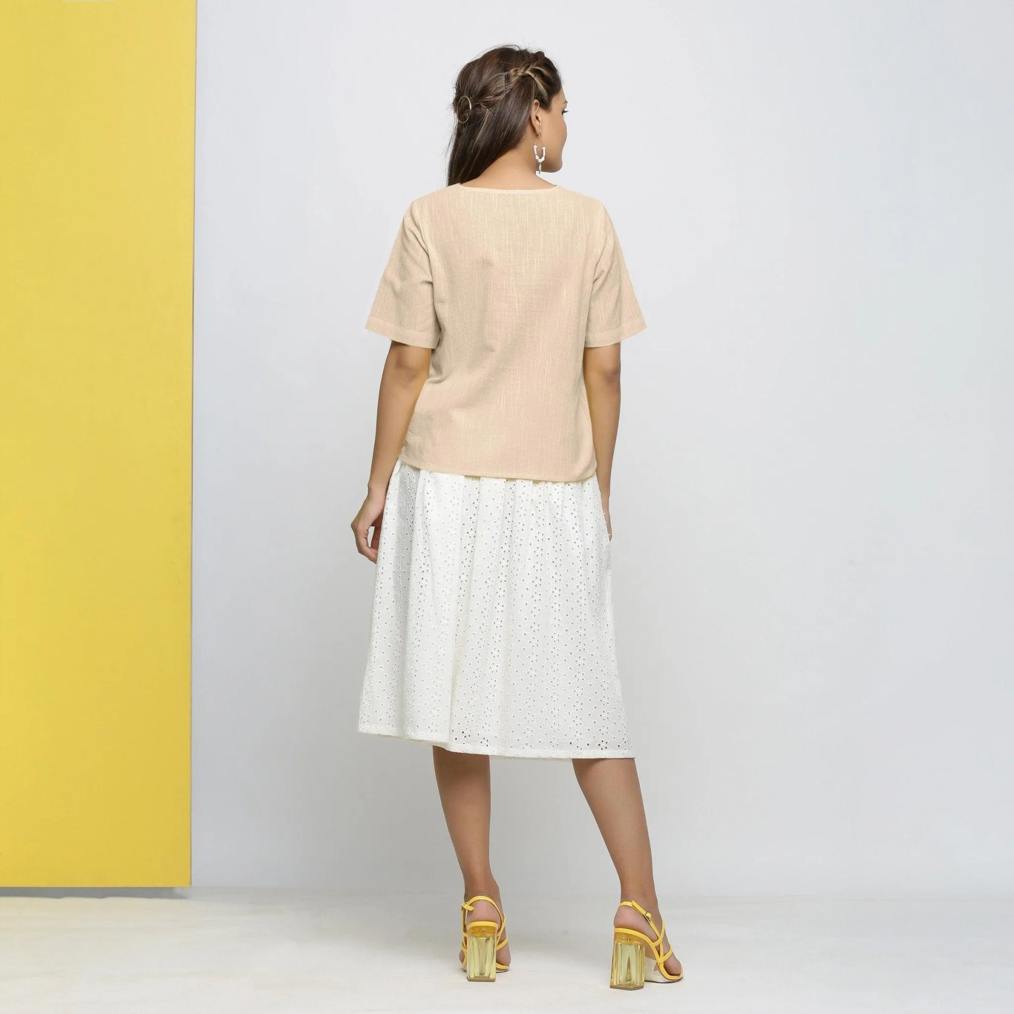 Beige Yarn Dyed 100% Cotton V-Neck High-Low Top