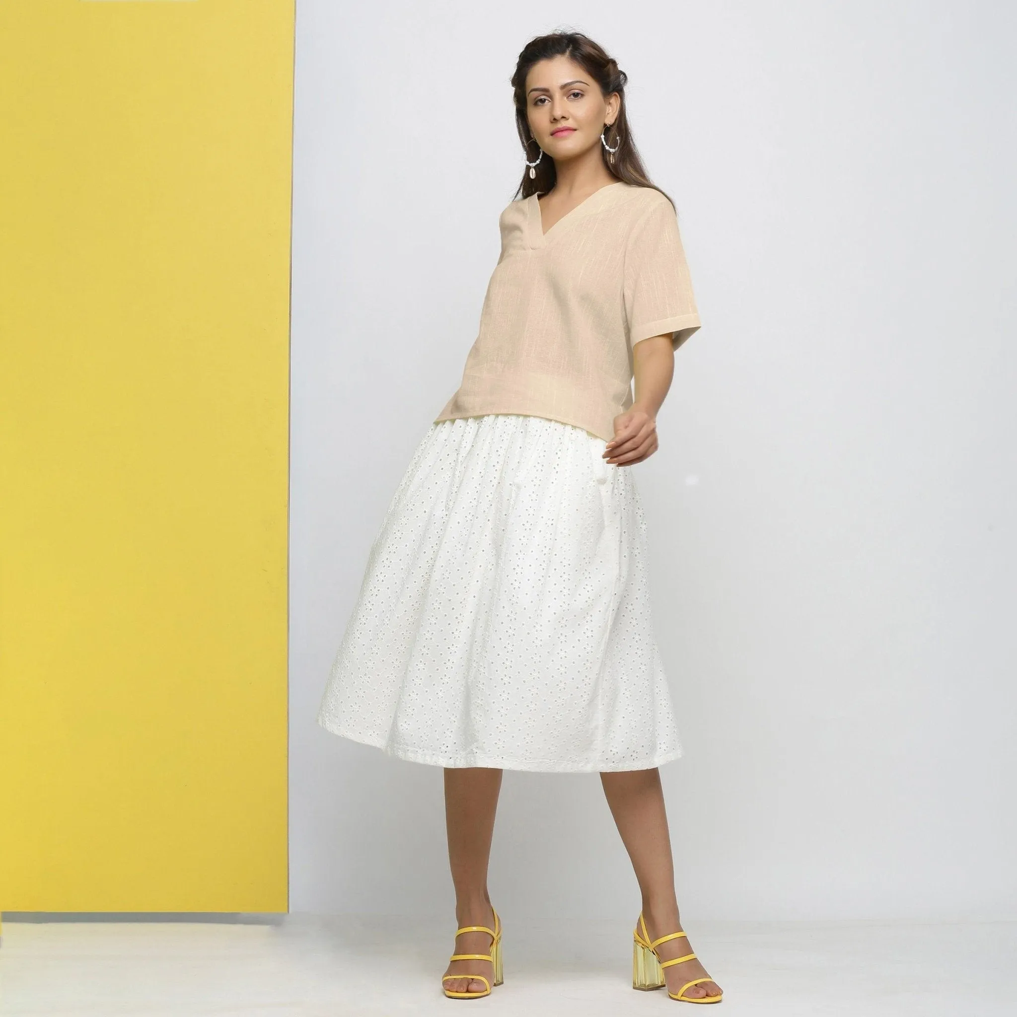 Beige Yarn Dyed 100% Cotton V-Neck High-Low Top
