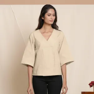 Beige Yarn Dyed 100% Cotton V-Neck Loose Fit Top