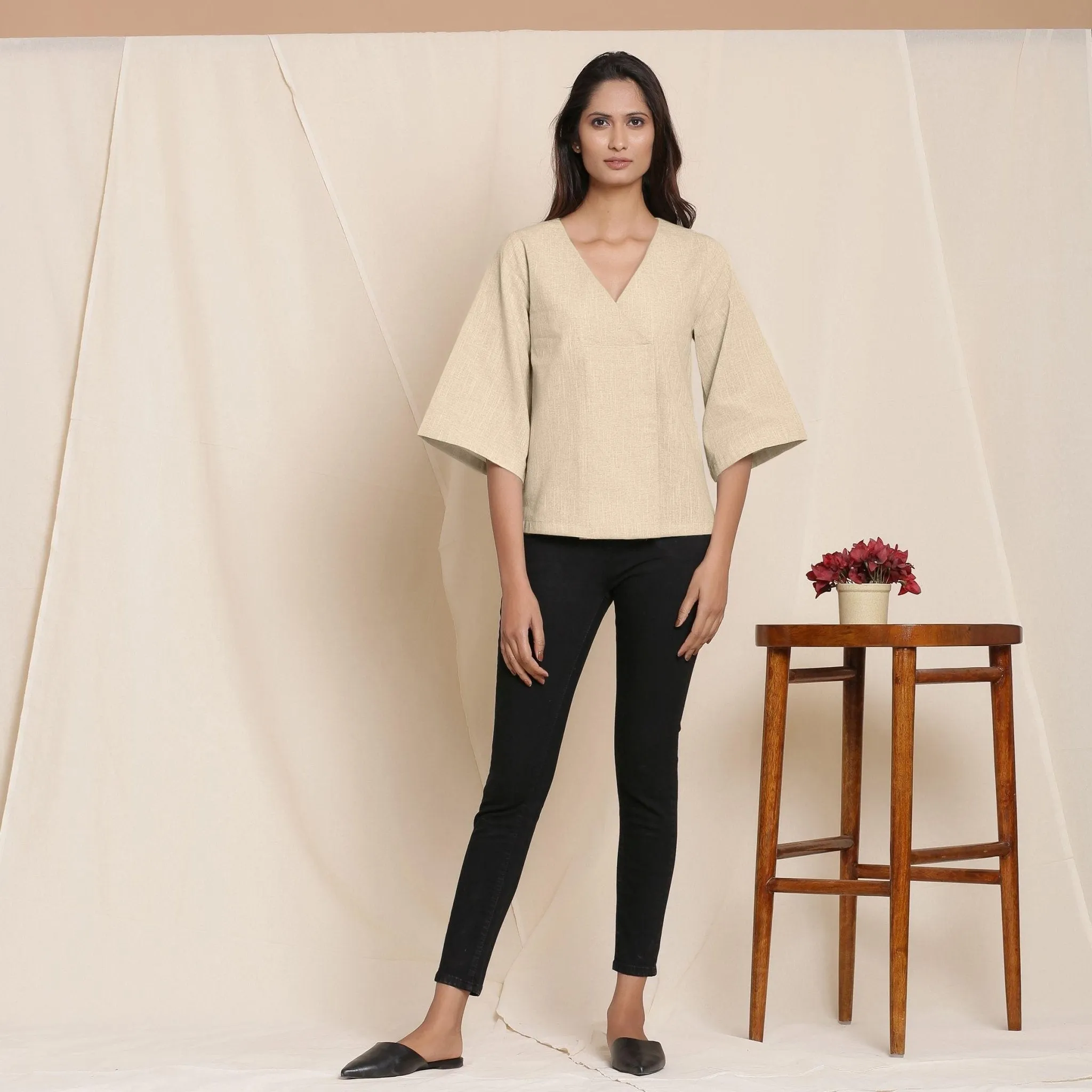 Beige Yarn Dyed 100% Cotton V-Neck Loose Fit Top