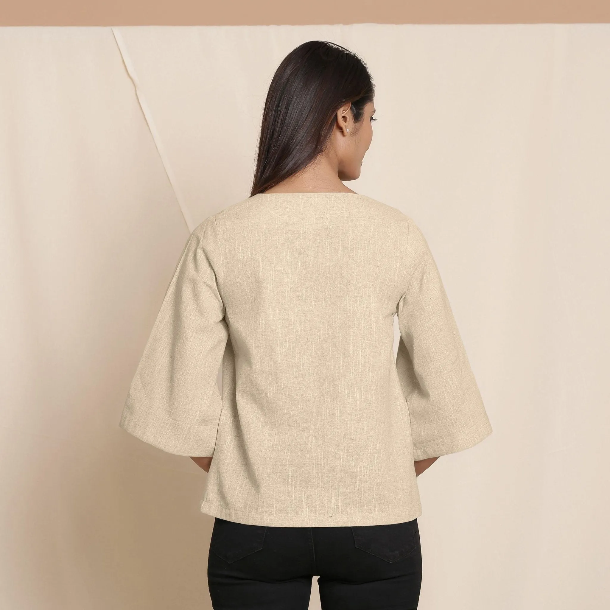 Beige Yarn Dyed 100% Cotton V-Neck Loose Fit Top
