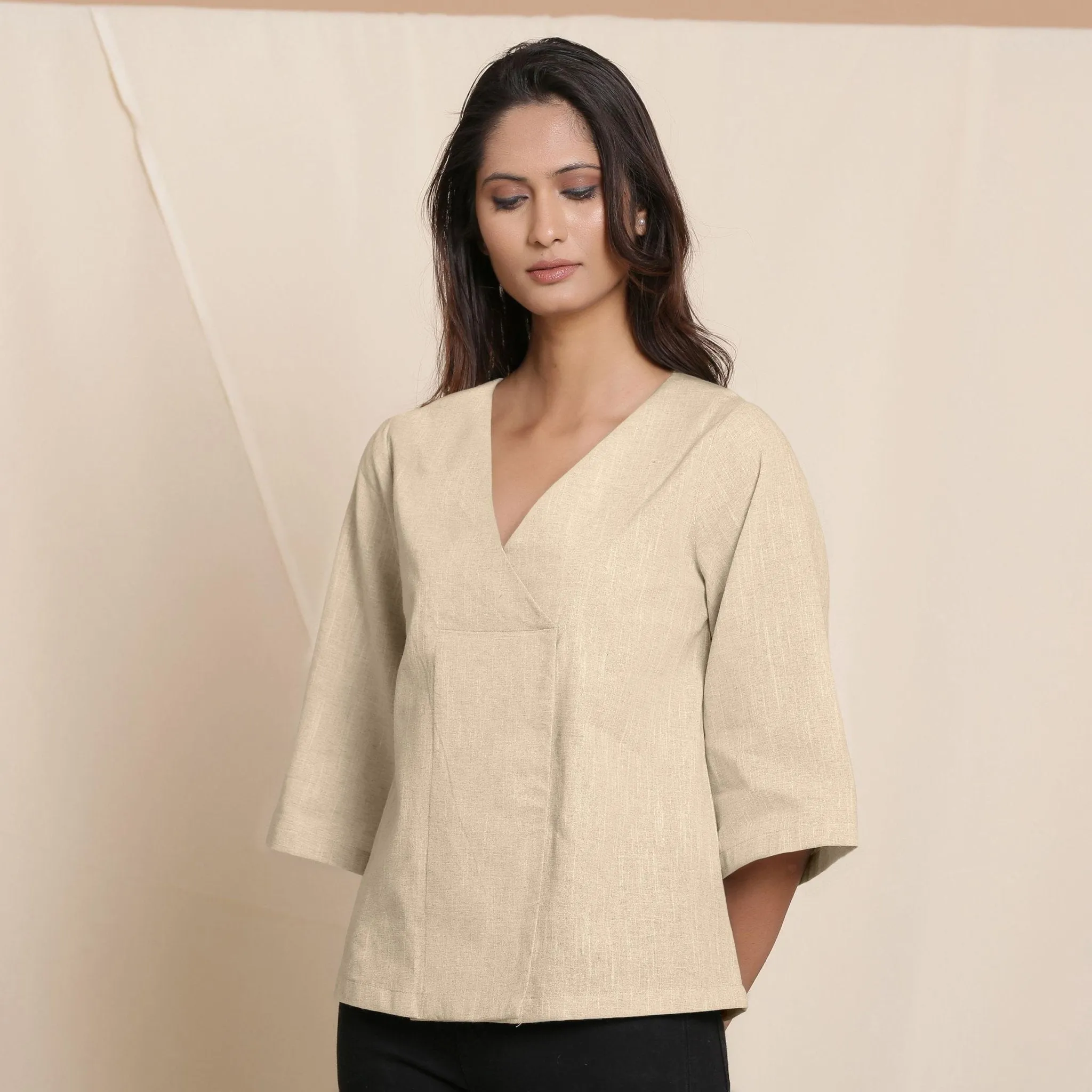 Beige Yarn Dyed 100% Cotton V-Neck Loose Fit Top