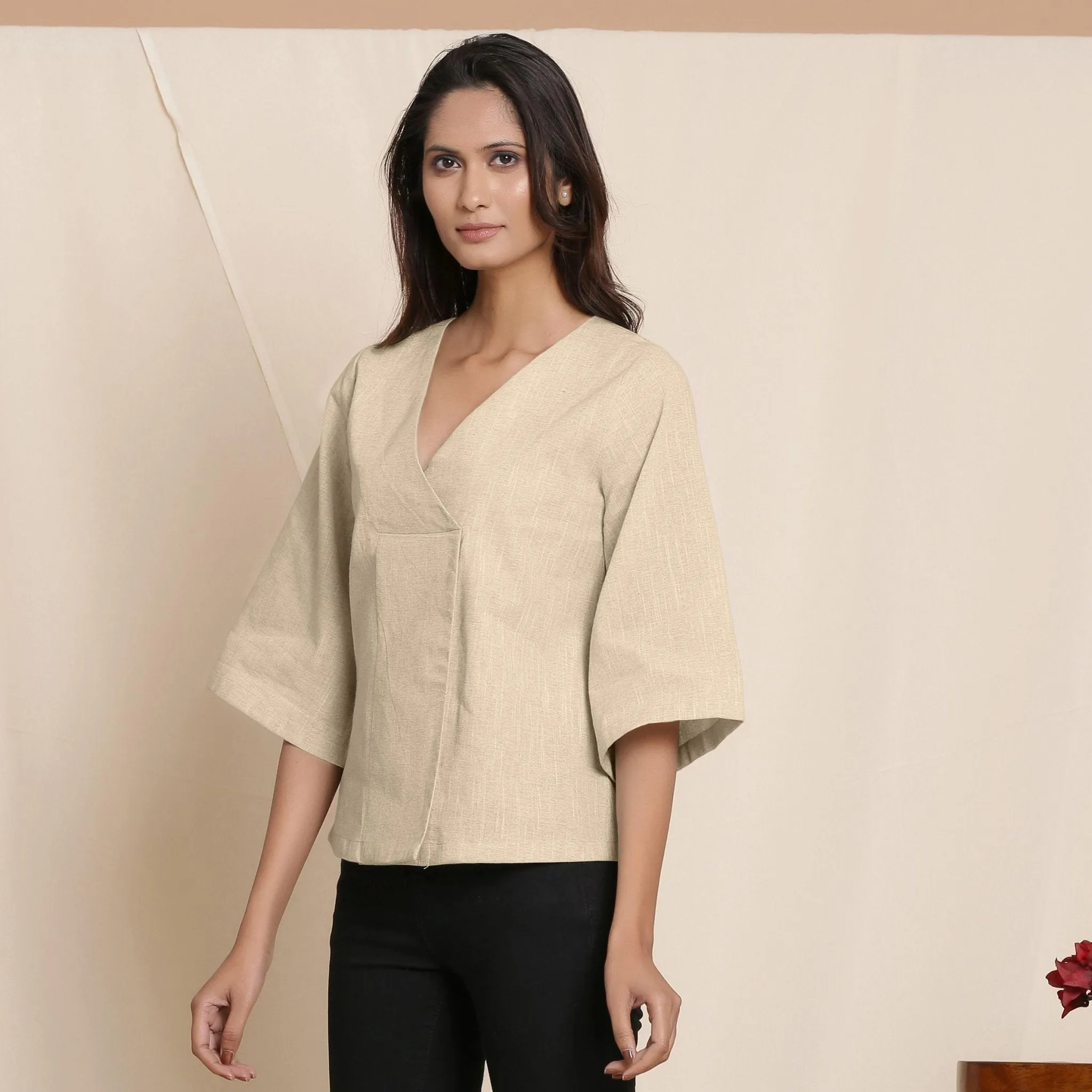 Beige Yarn Dyed 100% Cotton V-Neck Loose Fit Top