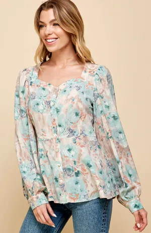 Bethany Floral Chiffon Blouse Sage