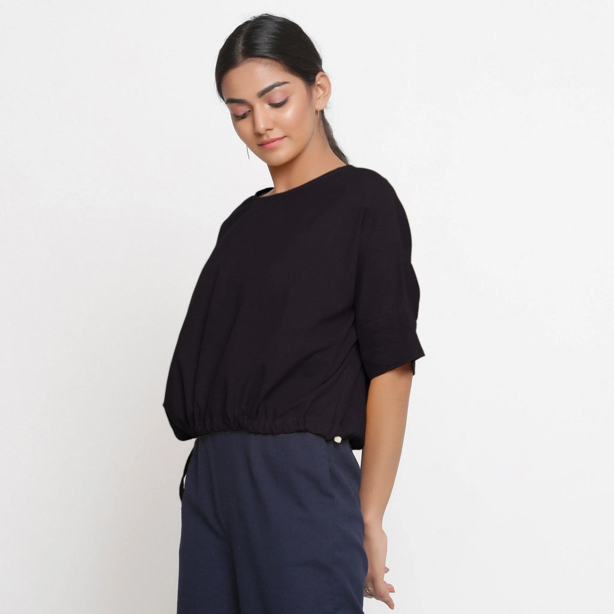 Black Cotton Flax Drop Shoulder Blouson Top