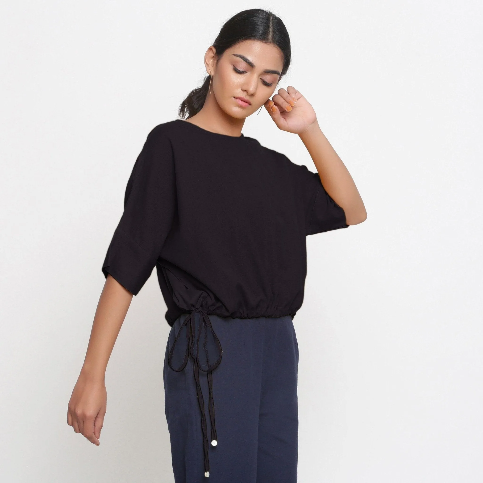 Black Cotton Flax Drop Shoulder Blouson Top
