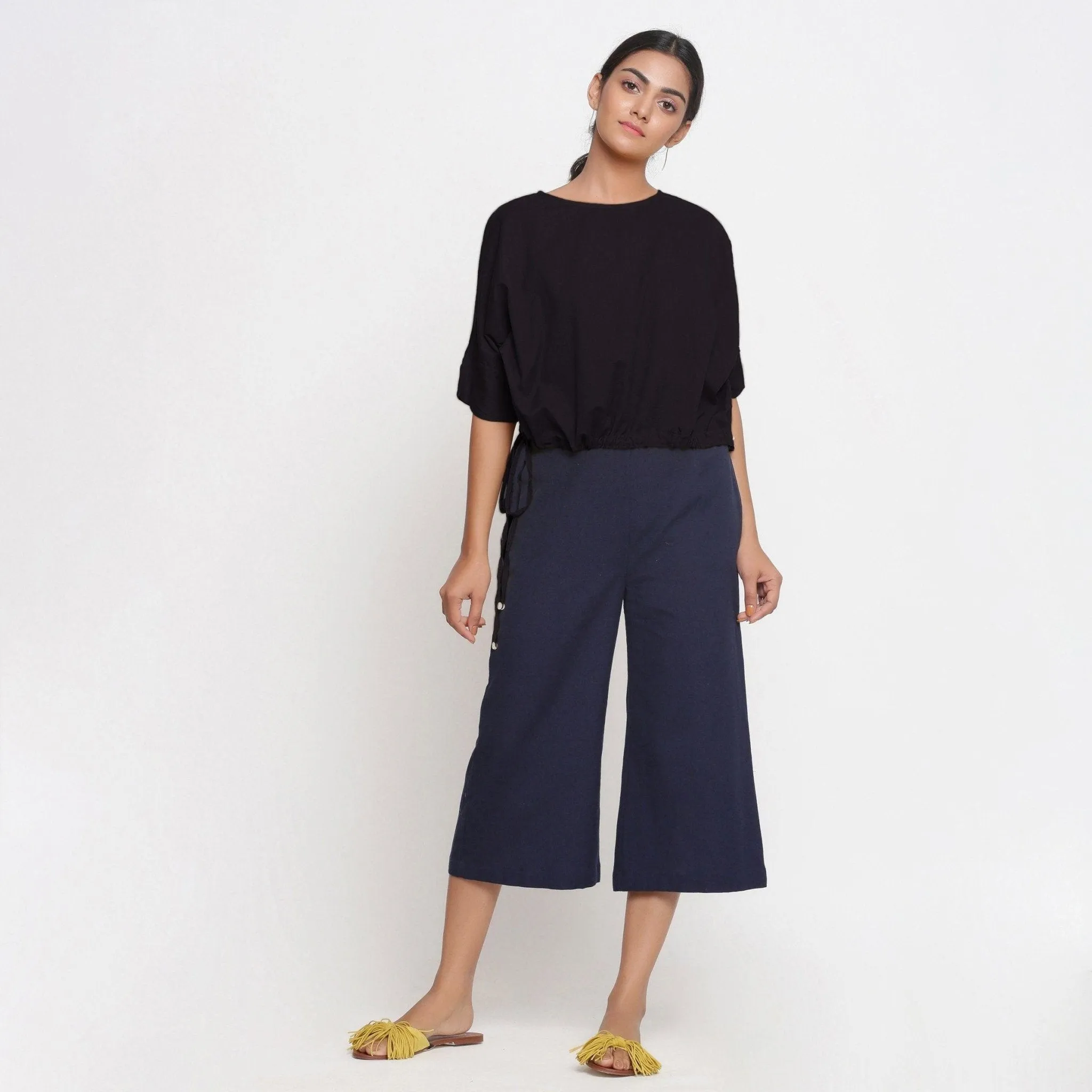 Black Cotton Flax Drop Shoulder Blouson Top