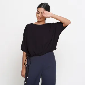 Black Cotton Flax Drop Shoulder Blouson Top