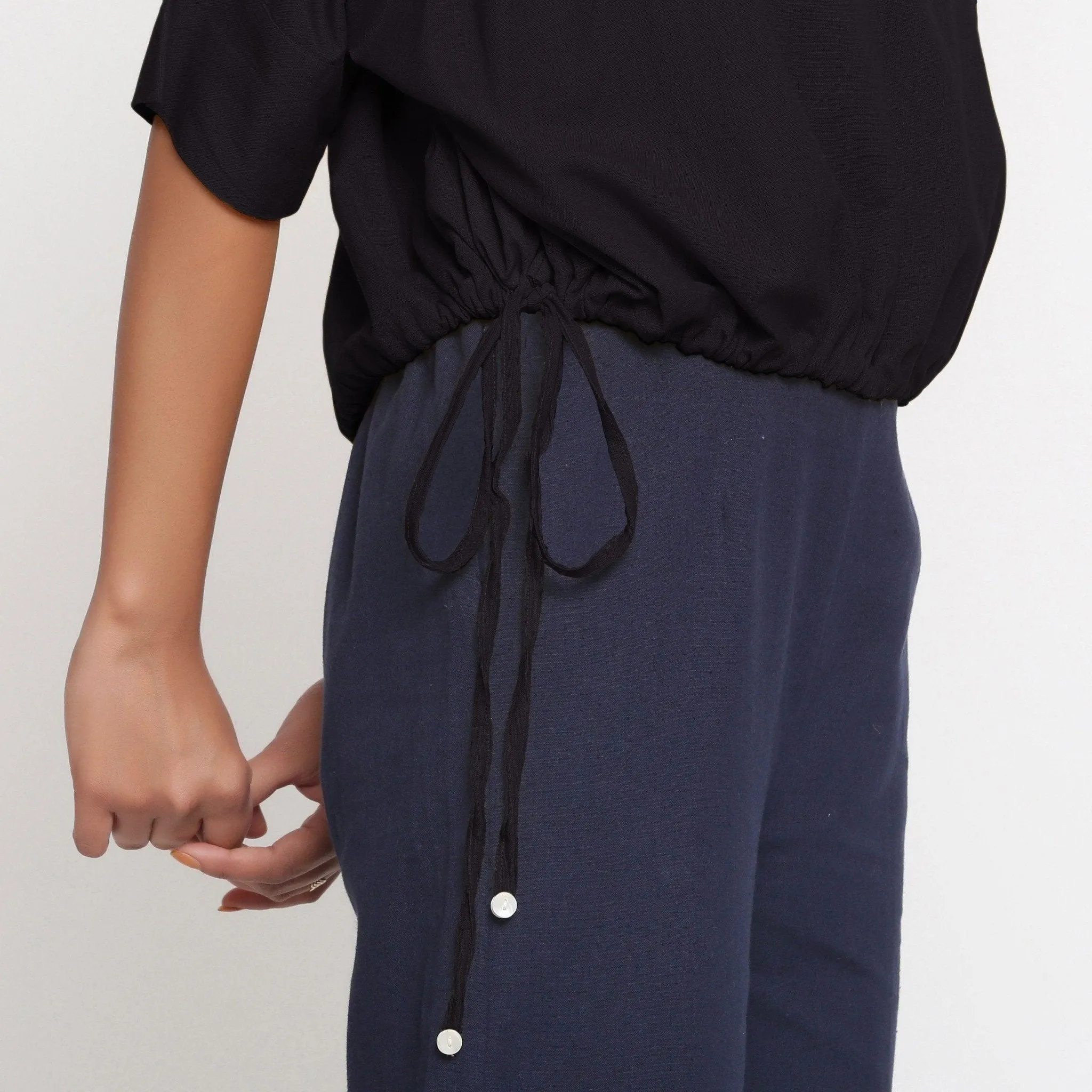 Black Cotton Flax Drop Shoulder Blouson Top