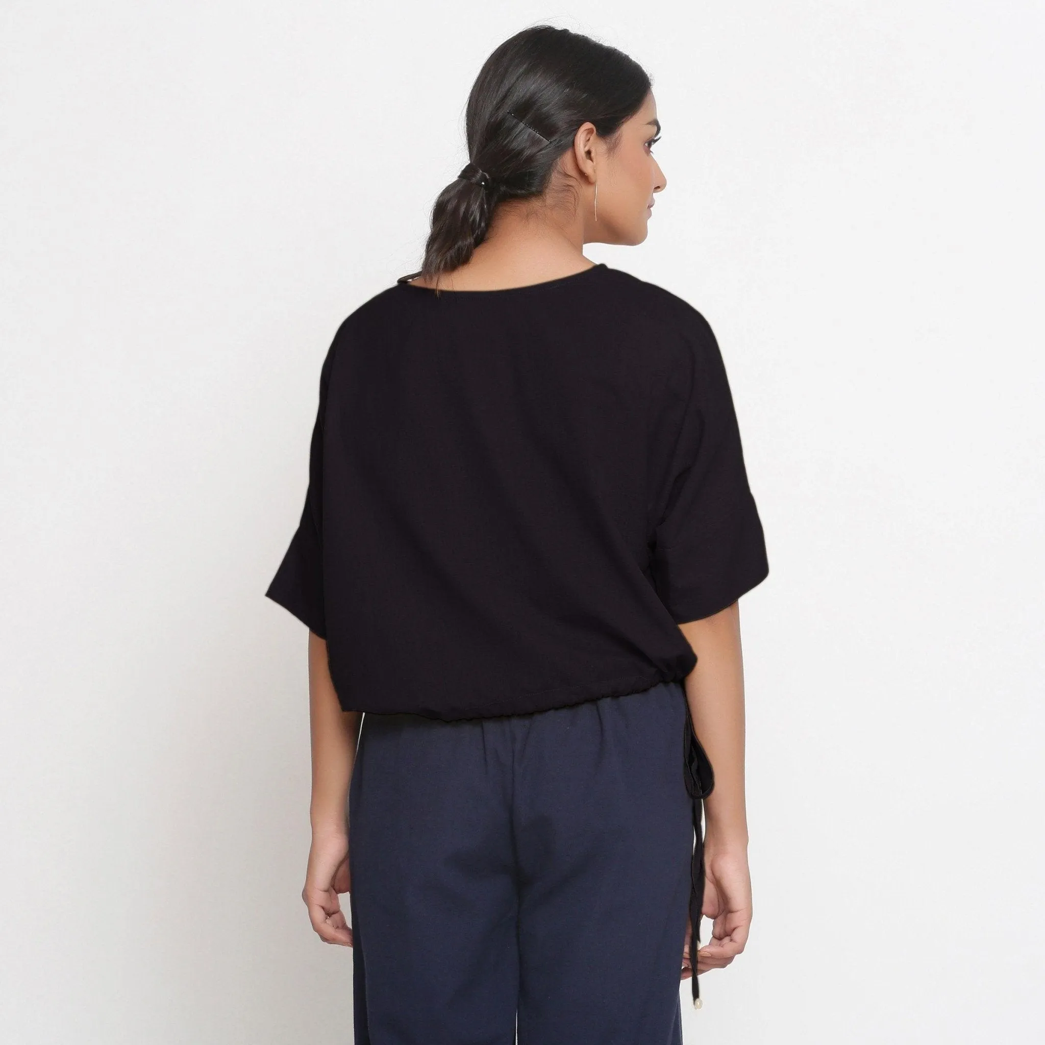 Black Cotton Flax Drop Shoulder Blouson Top