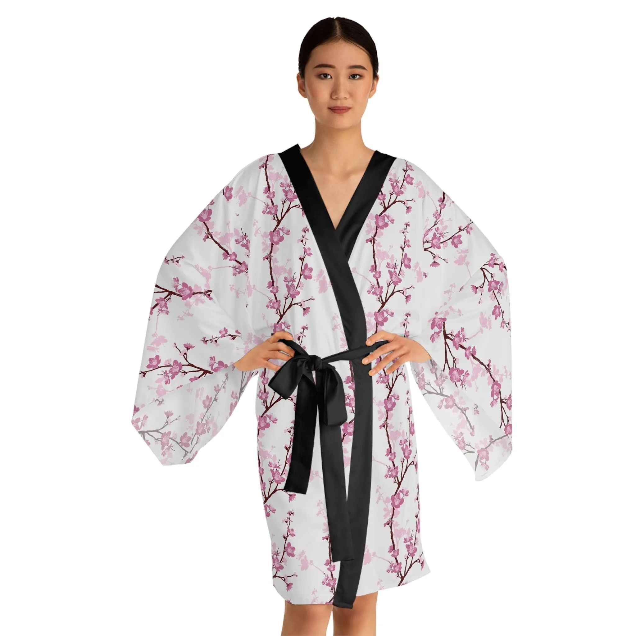 Blossom Elegance Japanese Kimono Ensemble with Graceful Bell Sleeves and Waist Sash