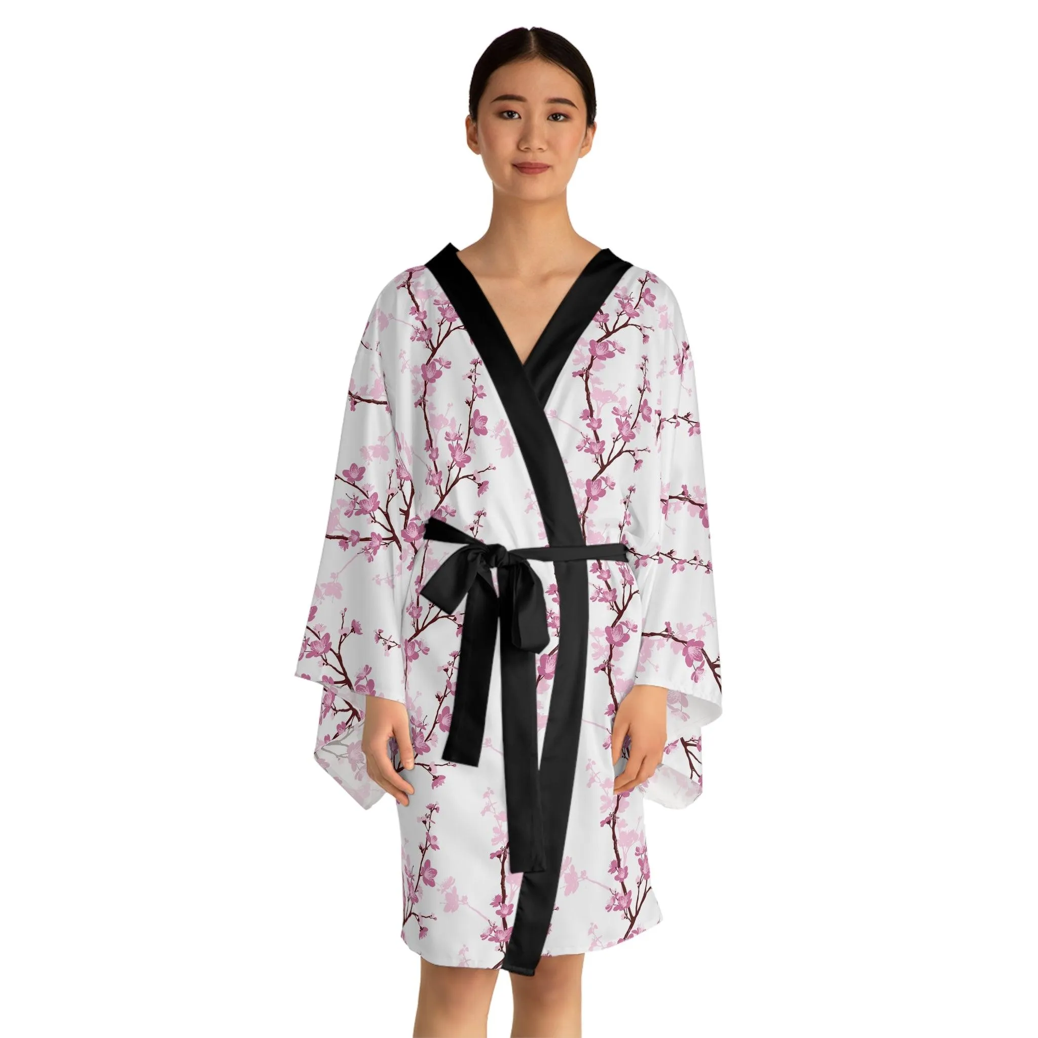 Blossom Elegance Japanese Kimono Ensemble with Graceful Bell Sleeves and Waist Sash