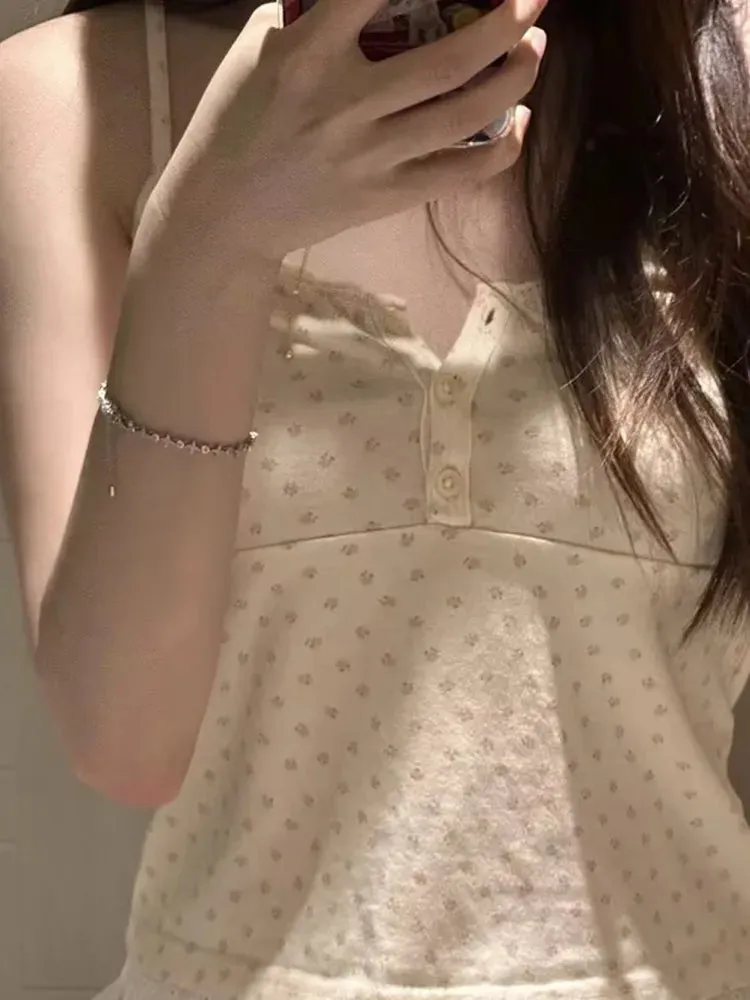 Bonnyshow  Casual Women Beige Floral Printed Front Buttons Short Cami  Summer Vintage Sleeveless  Female Tops Chic