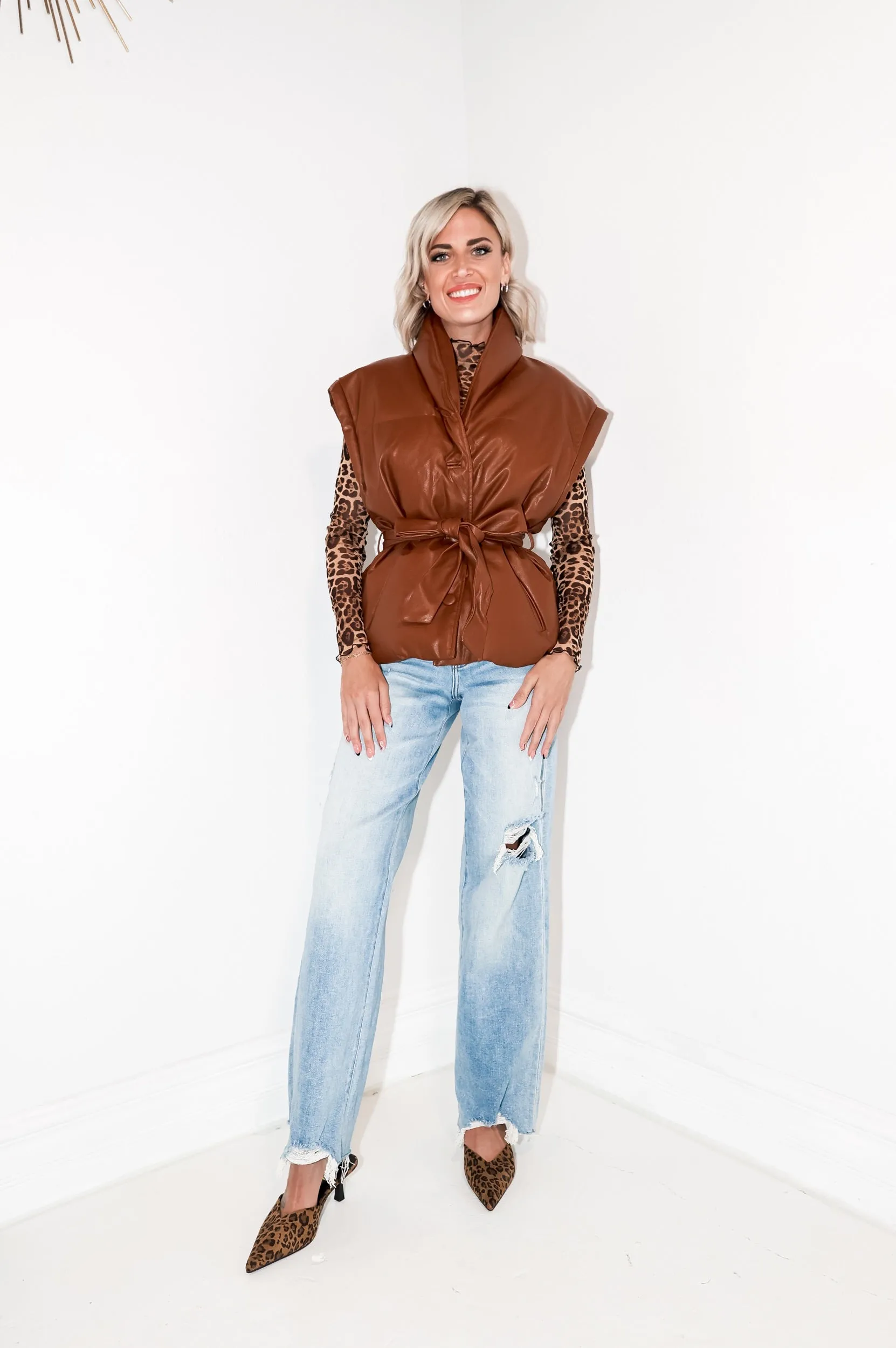 Brown Faux Leather Puffer Vest
