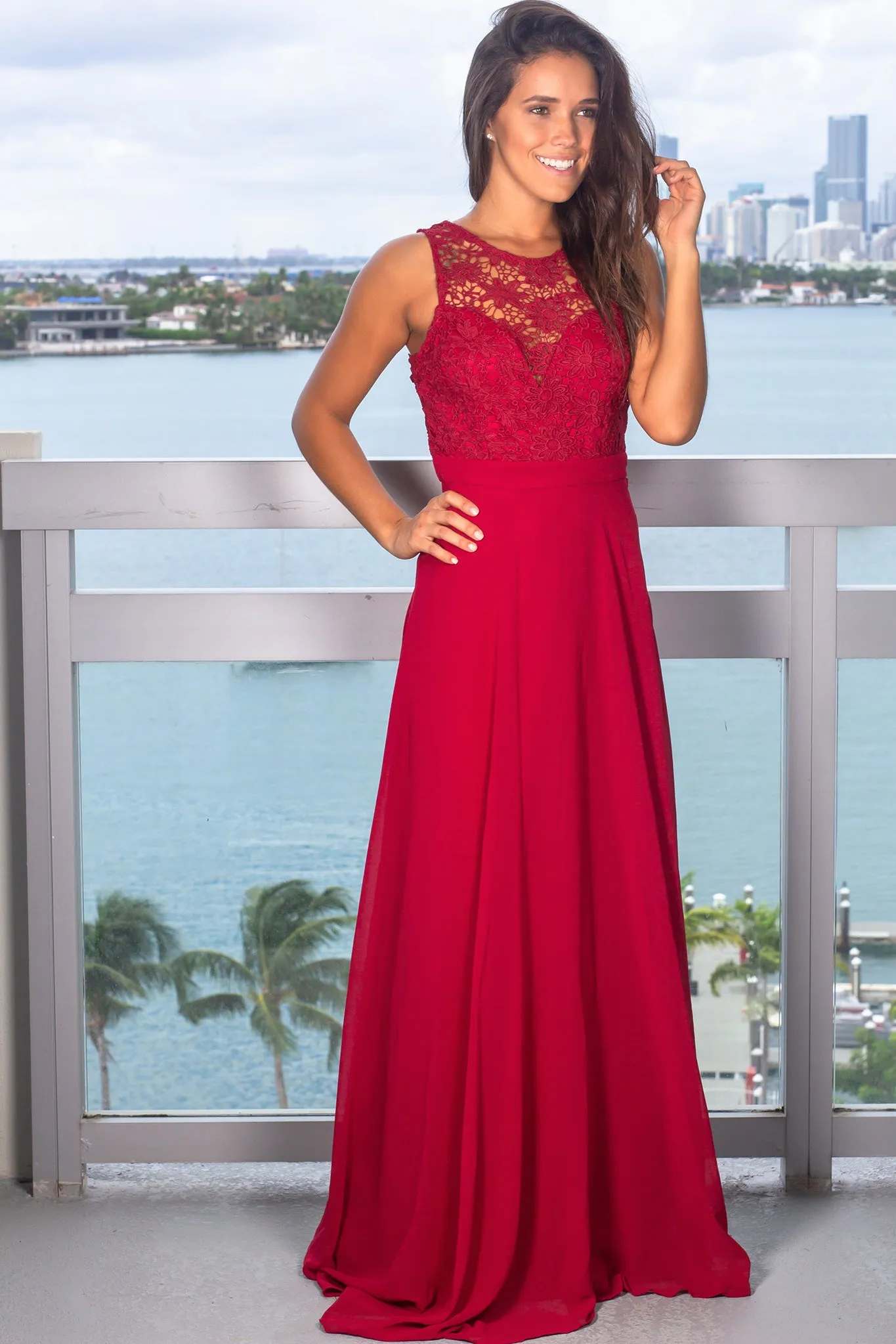 Burgundy Sleeveless Maxi Dress with Crochet Top