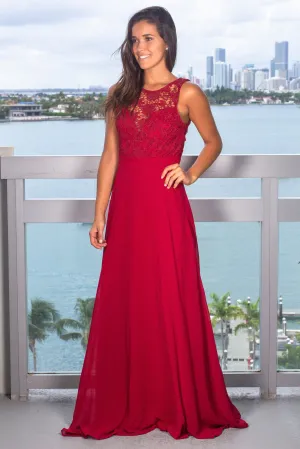 Burgundy Sleeveless Maxi Dress with Crochet Top
