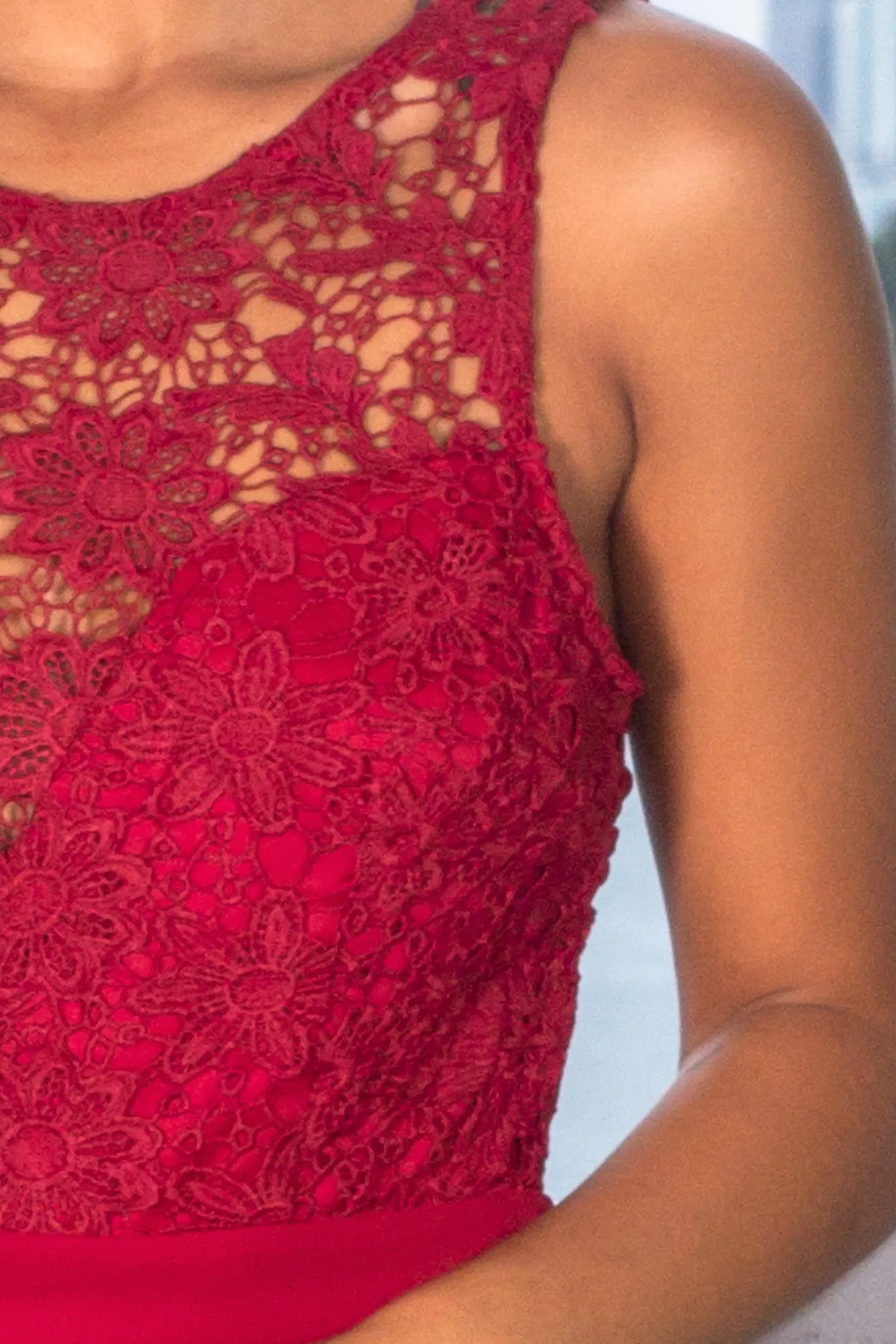 Burgundy Sleeveless Maxi Dress with Crochet Top