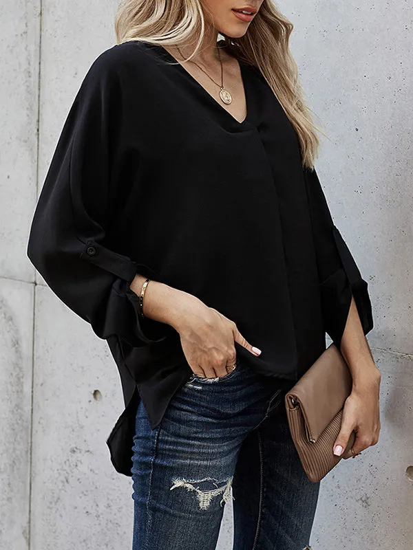 Buttoned Solid Color High-Low Loose V-Neck T-Shirts Tops