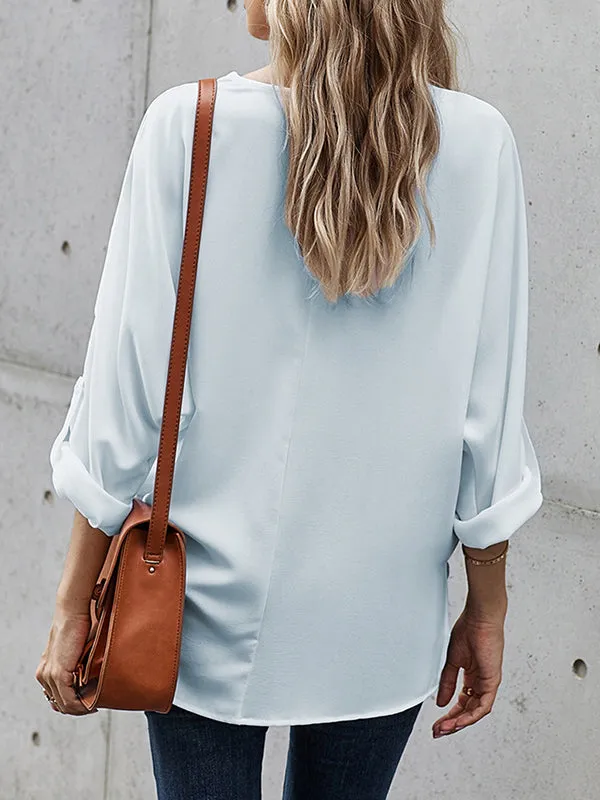 Buttoned Solid Color High-Low Loose V-Neck T-Shirts Tops