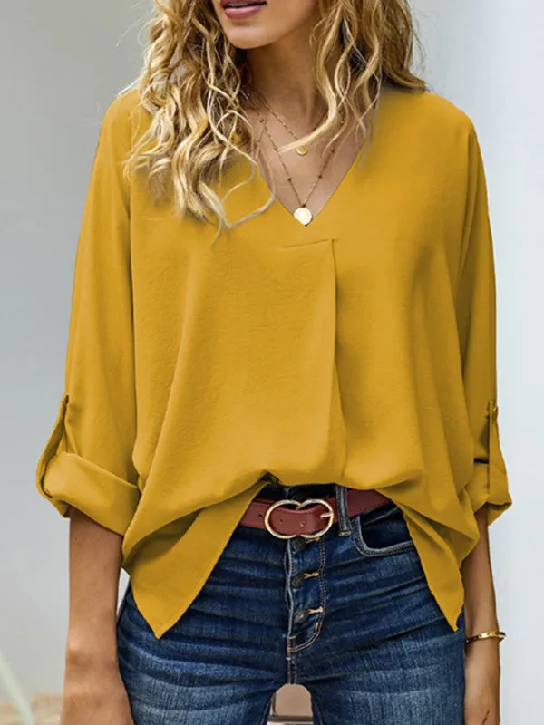 Buttoned Solid Color High-Low Loose V-Neck T-Shirts Tops
