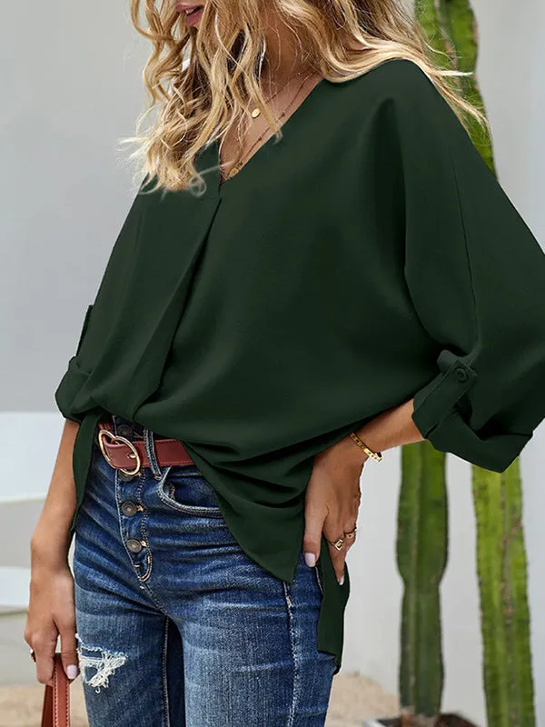 Buttoned Solid Color High-Low Loose V-Neck T-Shirts Tops