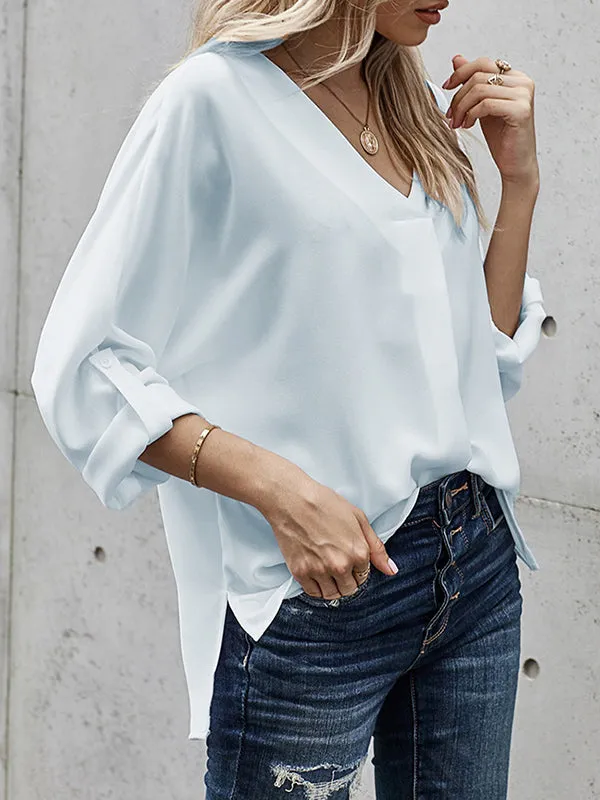 Buttoned Solid Color High-Low Loose V-Neck T-Shirts Tops