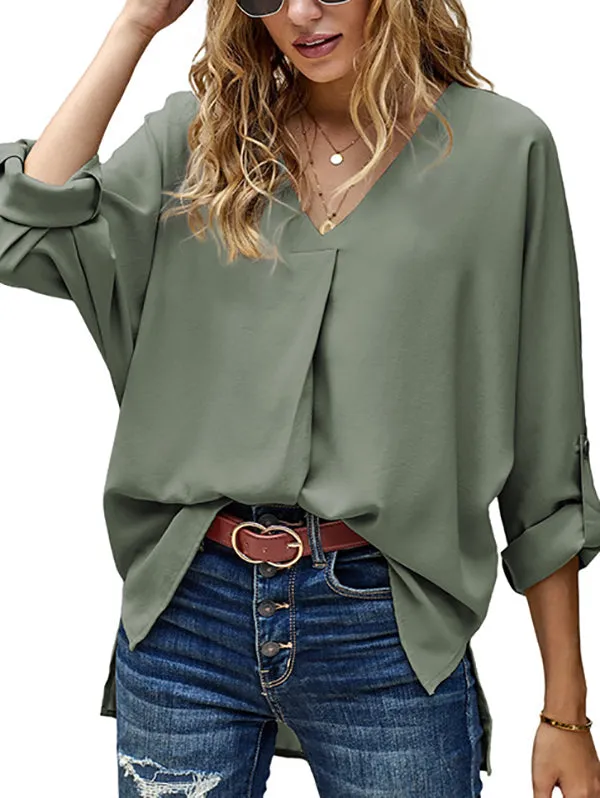 Buttoned Solid Color High-Low Loose V-Neck T-Shirts Tops