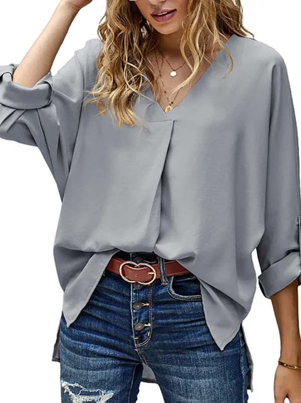 Buttoned Solid Color High-Low Loose V-Neck T-Shirts Tops