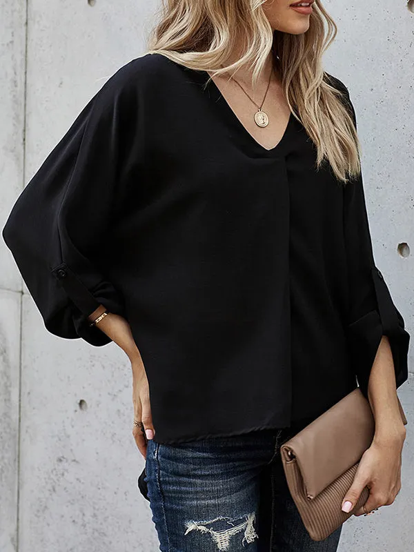 Buttoned Solid Color High-Low Loose V-Neck T-Shirts Tops