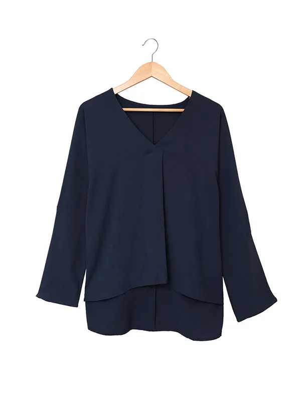 Buttoned Solid Color High-Low Loose V-Neck T-Shirts Tops