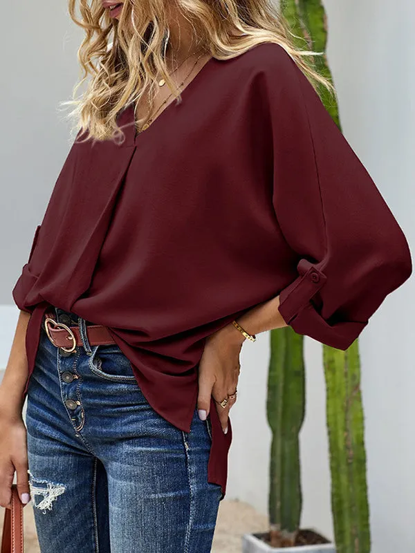 Buttoned Solid Color High-Low Loose V-Neck T-Shirts Tops