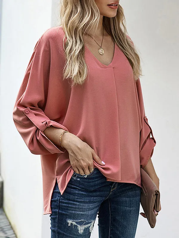 Buttoned Solid Color High-Low Loose V-Neck T-Shirts Tops