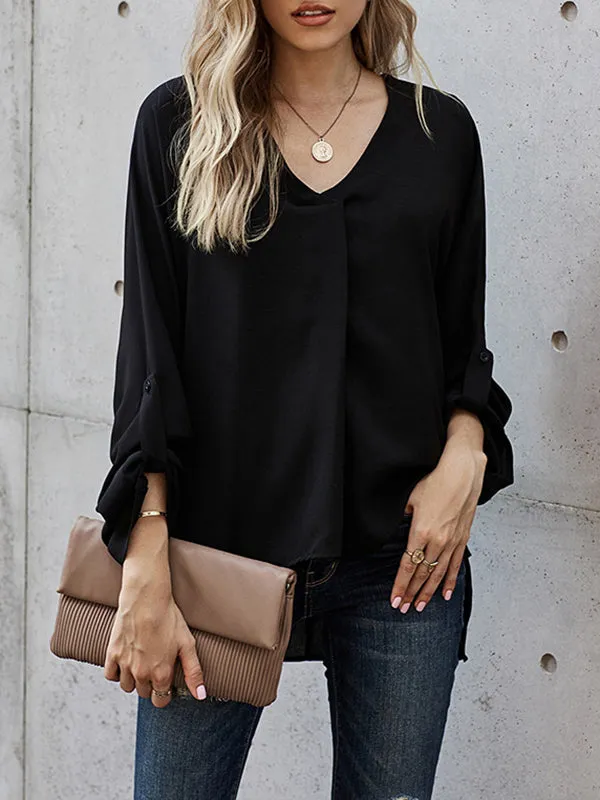 Buttoned Solid Color High-Low Loose V-Neck T-Shirts Tops