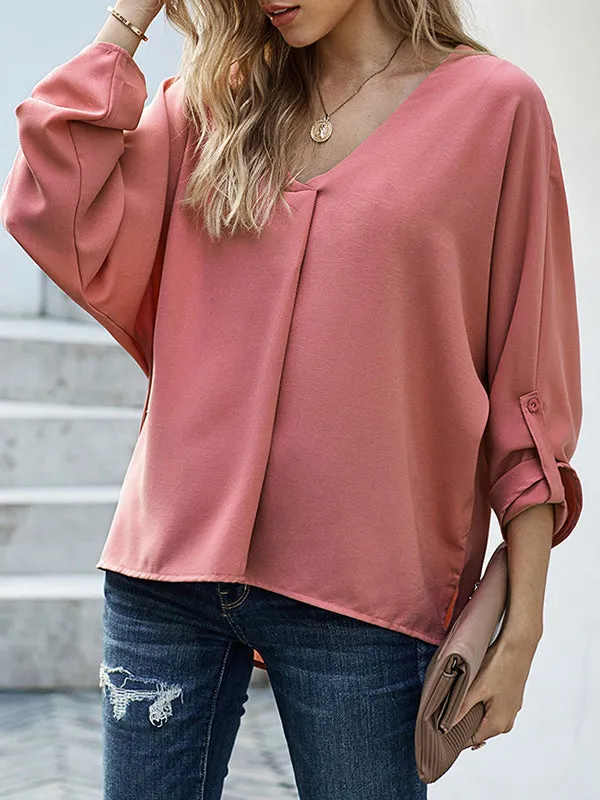 Buttoned Solid Color High-Low Loose V-Neck T-Shirts Tops