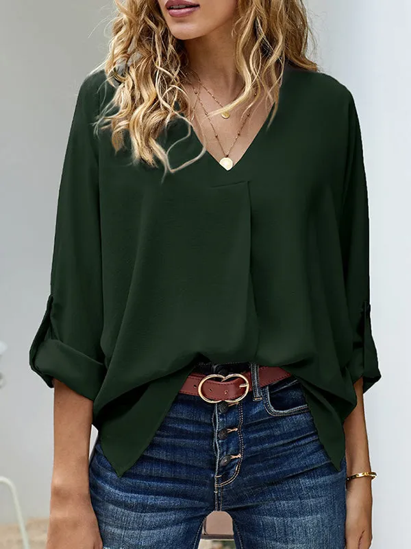 Buttoned Solid Color High-Low Loose V-Neck T-Shirts Tops