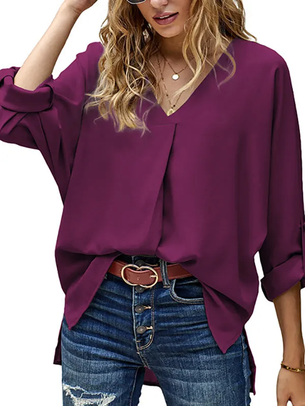 Buttoned Solid Color High-Low Loose V-Neck T-Shirts Tops