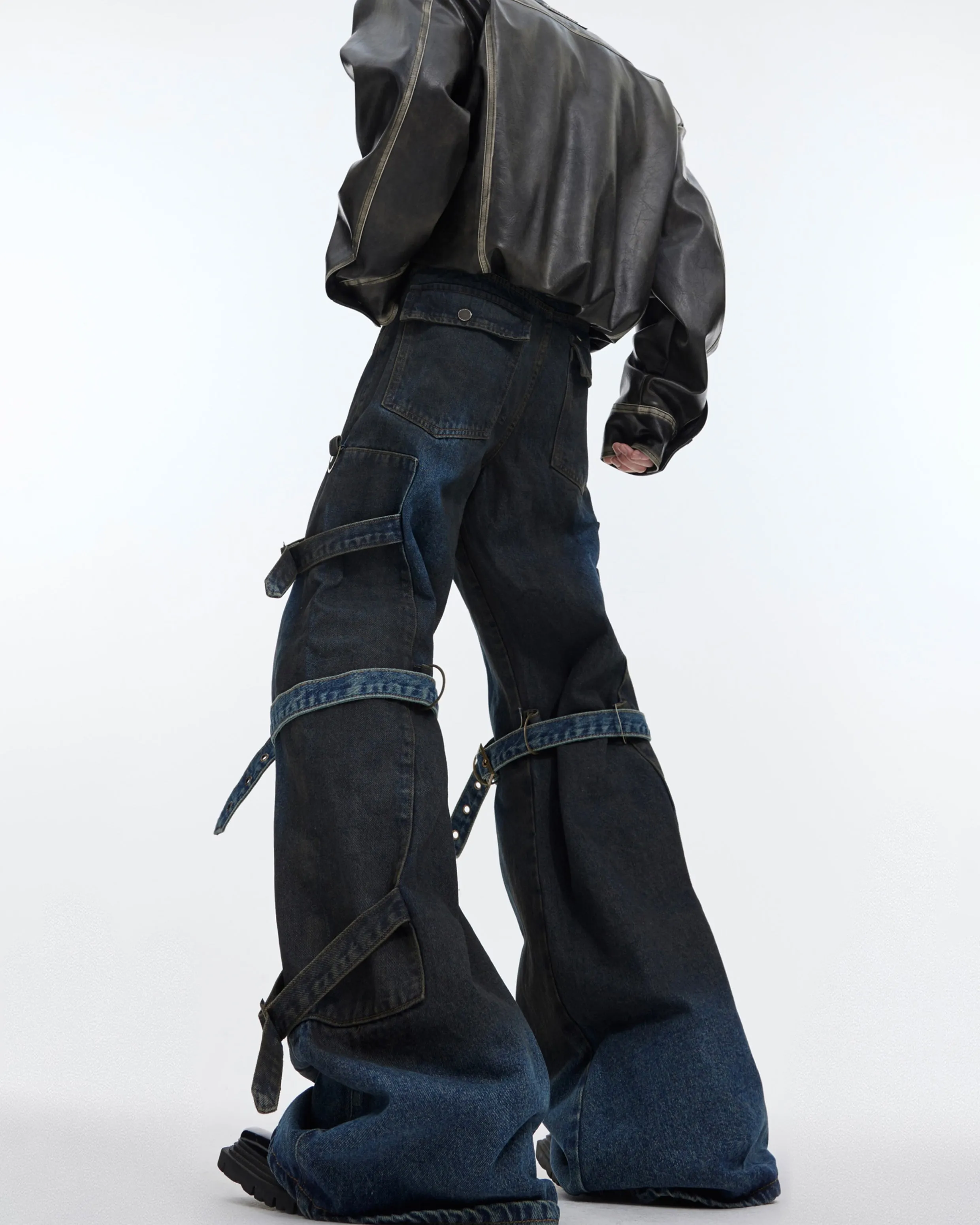 Edgy Distressed Denim Cargo Pants with Adjustable Straps