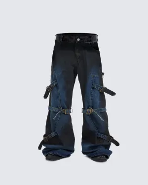Edgy Distressed Denim Cargo Pants with Adjustable Straps