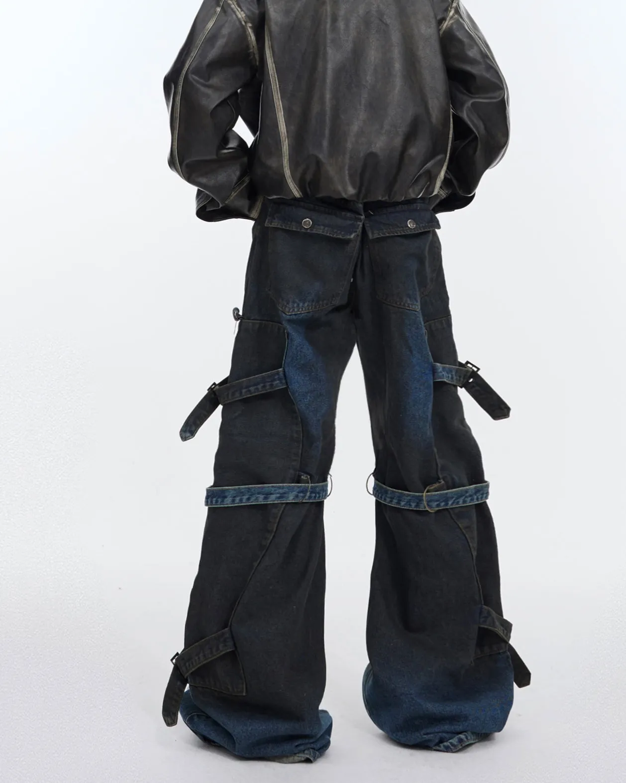 Edgy Distressed Denim Cargo Pants with Adjustable Straps
