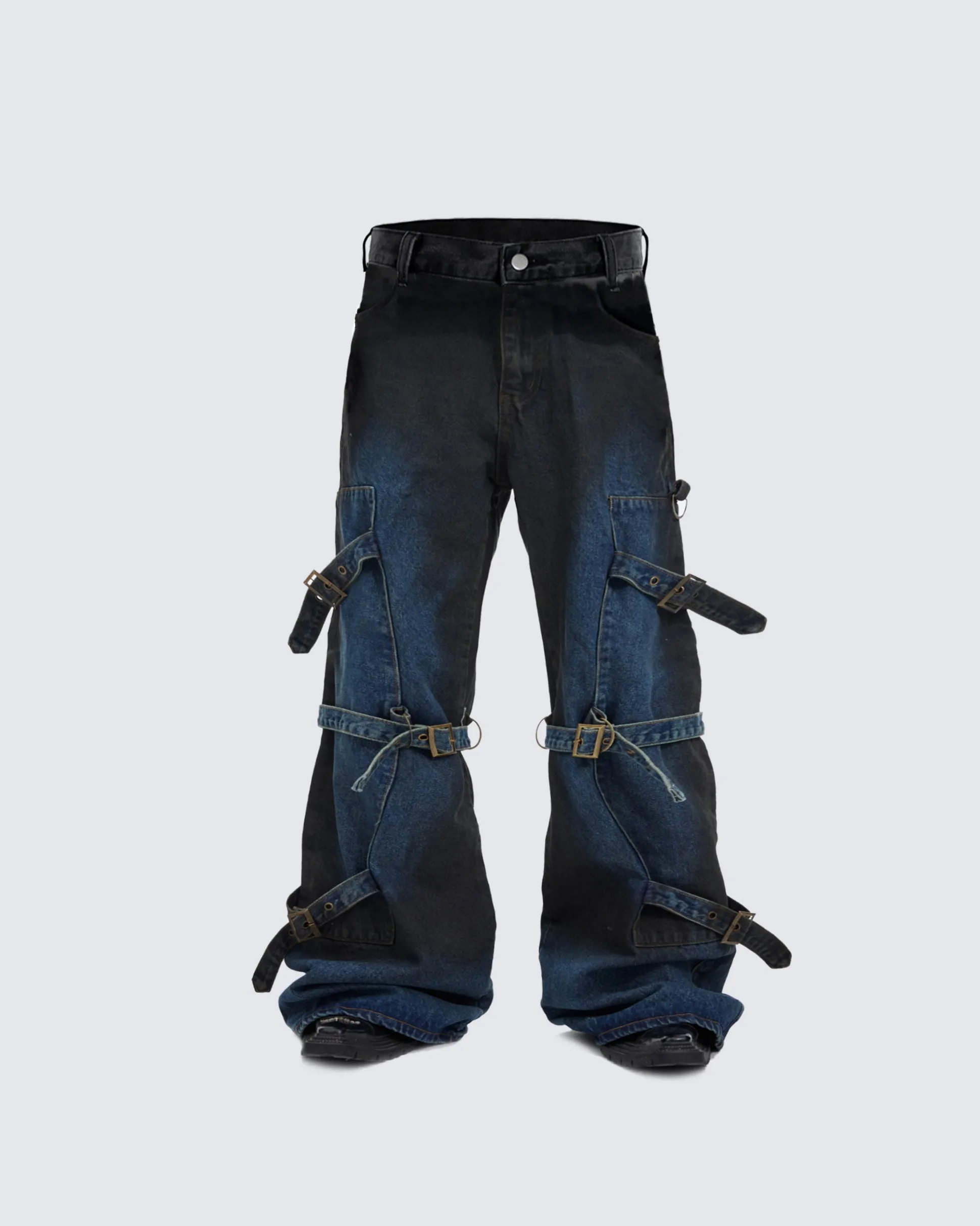 Edgy Distressed Denim Cargo Pants with Adjustable Straps