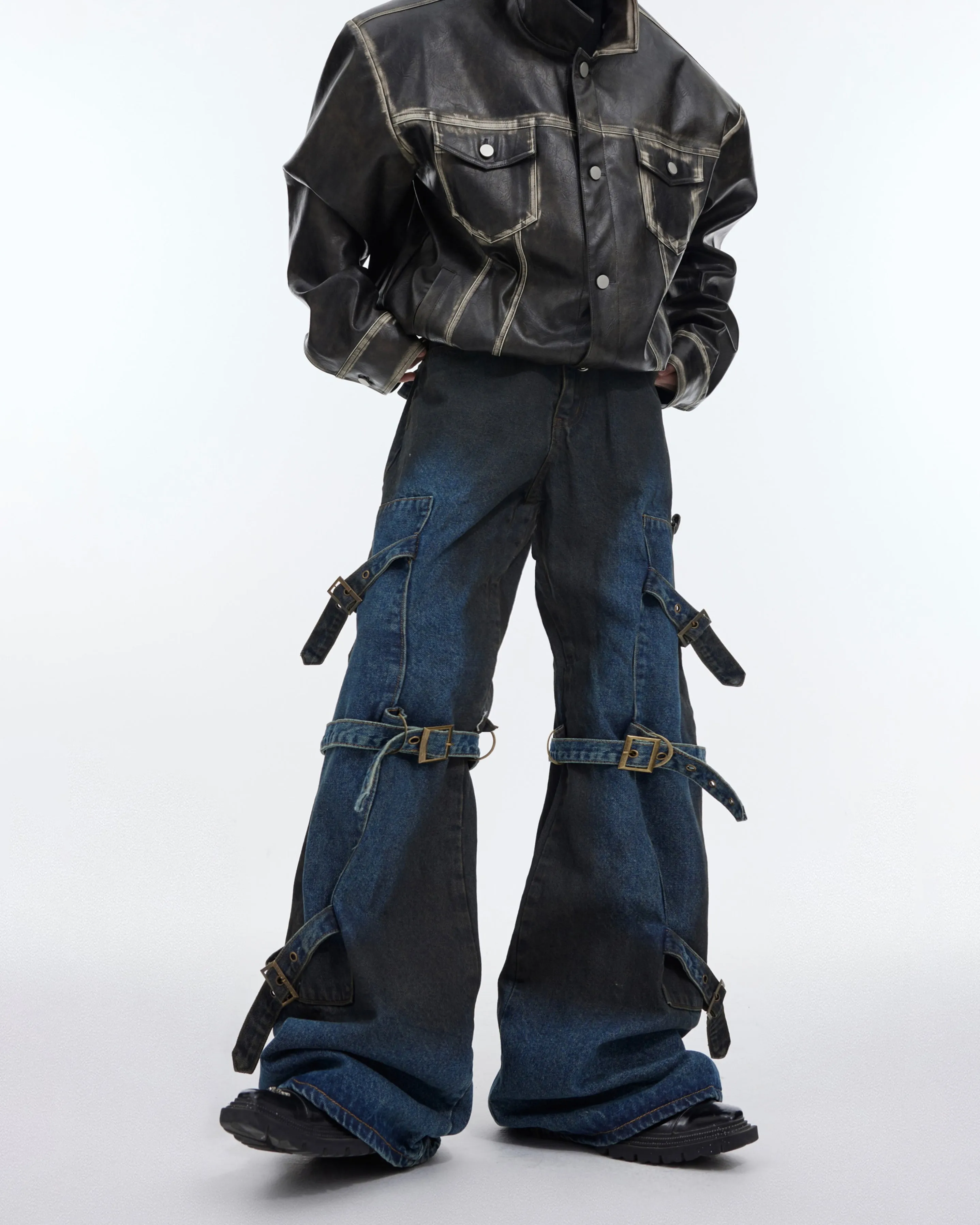 Edgy Distressed Denim Cargo Pants with Adjustable Straps