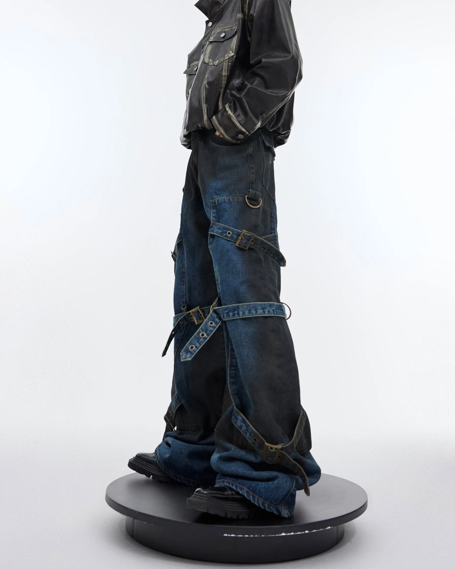 Edgy Distressed Denim Cargo Pants with Adjustable Straps